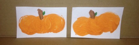 Bottle Cap Pumpkin Stamping - use a milk jug lid to make larger pumpkins