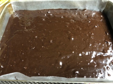 Brownie mix in baking dish