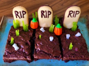 Graveyard Brownies on tray