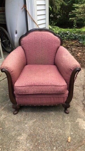 Identifying an Antique Chair - pink upholstered chair with dark wood trim