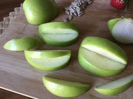 Green Apple Monsters - cut away core, then cut a small wedge for the mouth in each section