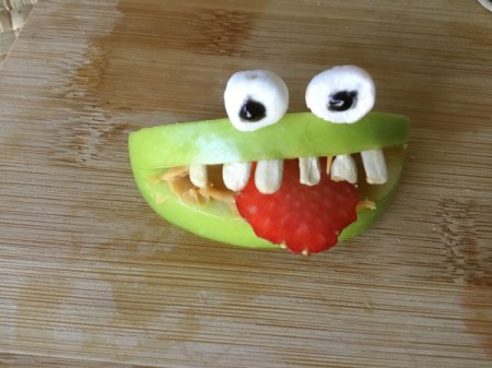 Green Apple Monsters - stick eyes on and add slice of strawberry for the tongue