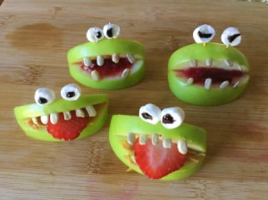 Green Apple Monsters - 4 apple monsters including two with jam instead of peanut butter