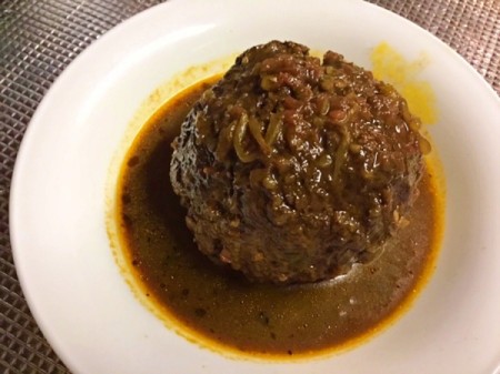 Egg-Stuffed Pomegranate Meatball serving