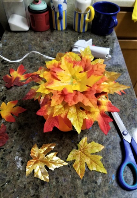 Not Country Bumpkin - Country Pumpkin! - three rounds of leaves pinned on but stem not replaced yet