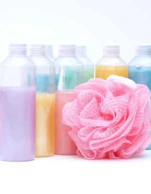 Colorful bottles of bubble bath