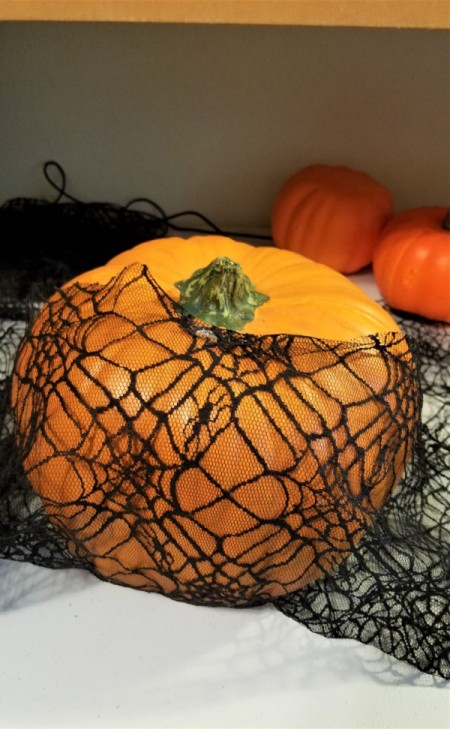 Black Lace and White Ribbon Pumpkin - pull up the lace and glue or pin in place