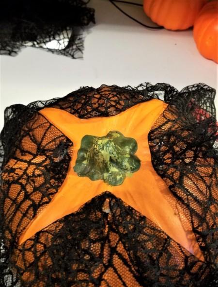 Black Lace and White Ribbon Pumpkin - points of the lace square closeup