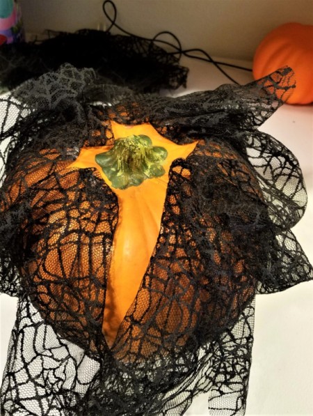 Black Lace and White Ribbon Pumpkin - creating points of lace