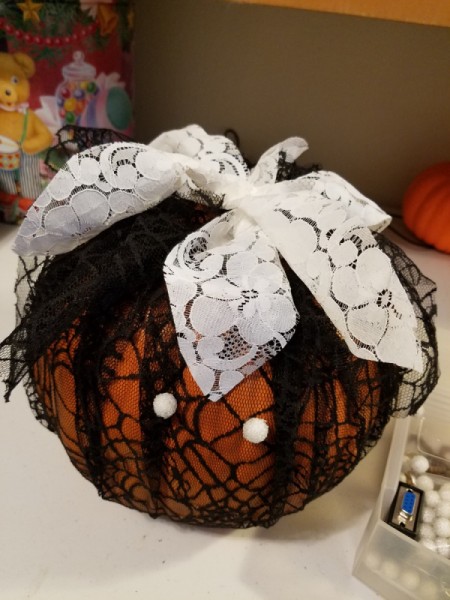 Black Lace and White Ribbon Pumpkin - white lace bow