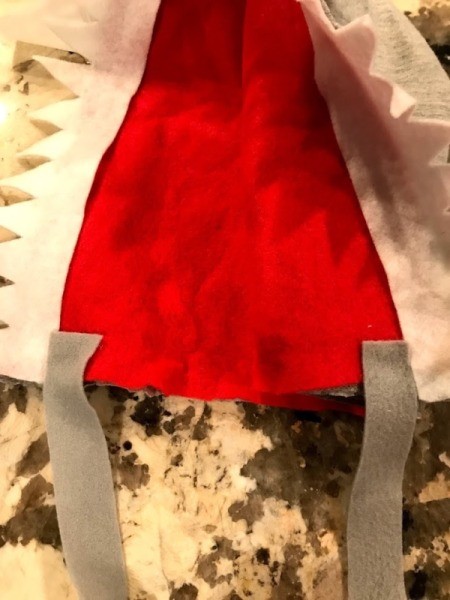 Kid to Toddler Shark Halloween Costume  - view of the hood with red felt in place and ties