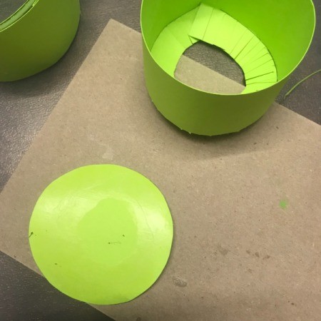 Birthday Cake Gift Box - ready to glue the circle to the fringed strip