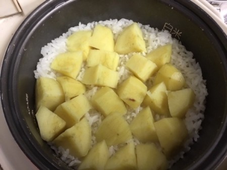 cooked Sweet Potato and Rice in pan