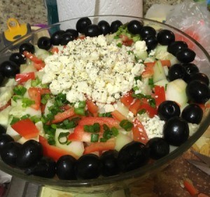 olives, green onions, and feta