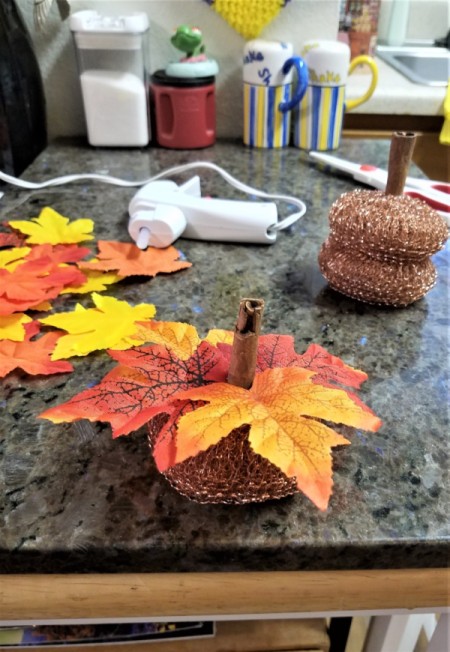 Dollar Tree Tiny Scrubber Pumpkins - once the cinnamon stick is dry add the leaves