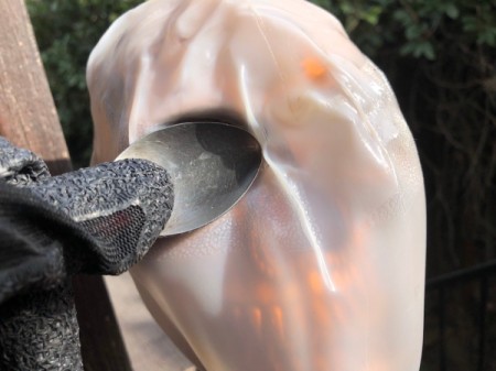 Milk Jug Skulls - keep heating until the jug becomes clear, put cold spoon over eye socket until it is not clear