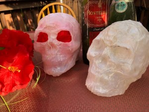 Milk Jug Skulls - two skulls, one with red flowers in the eye sockets