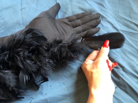 Raven Masquerade Costume - glue a medium feather under the boa loop