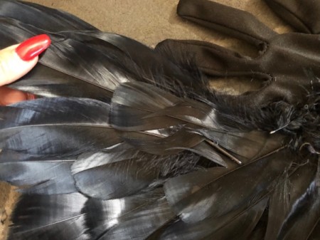 Raven Masquerade Costume - add some feathers near the pinky and ring finger to fill out, sew on feathers if an area seems too heavy