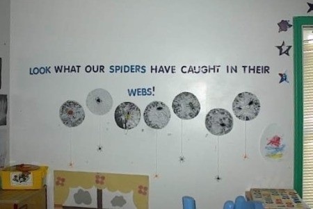 Marble Painted Paper Spider Web - artwork hanging in the classroom