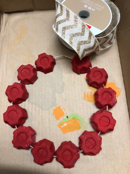 Christmas Egg Carton Wreath - wreath and roll of ribbon