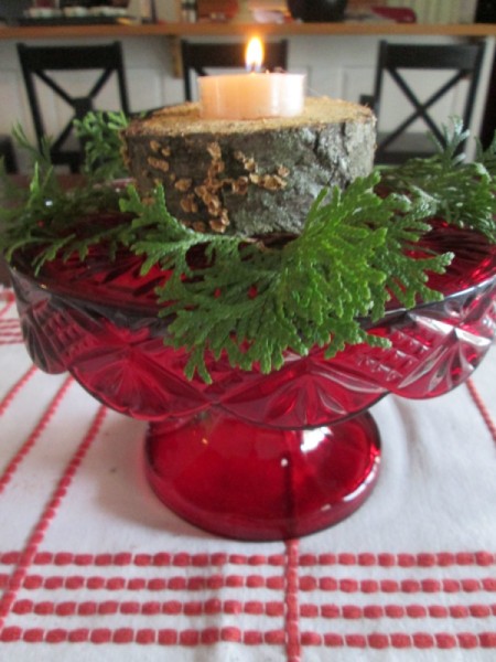 Firewood or Broken Tree Branch Tea Light Holder - log circle in bowl with greenery and tea light