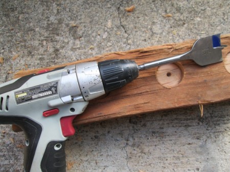 Firewood or Broken Tree Branch Tea Light Holder - closeup of drill and hole