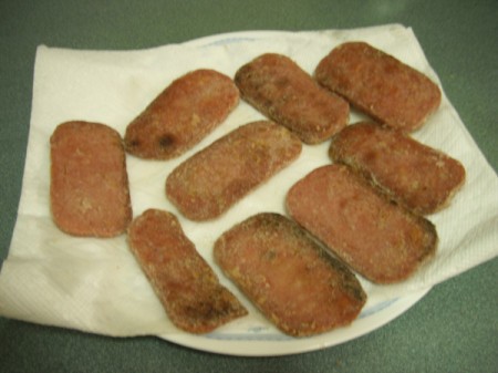 Fried Spam on paper towel
