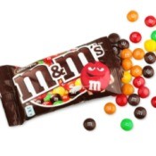 bag of M&Ms with scattered candies
