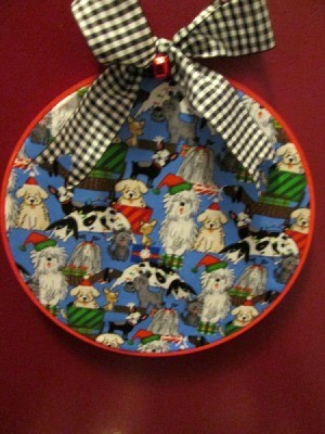 Embroidery Hoop Pet Art - Christmas pet fabric in hoop with a ribbon