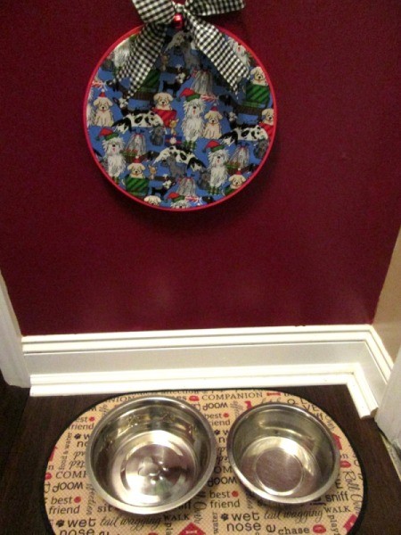 Embroidery Hoop Pet Art - hoop hanging on water above food and water dishes