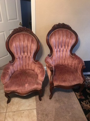 Value of Possible Antique Chairs - matching chairs with velveteen upholstery in a dusky pink