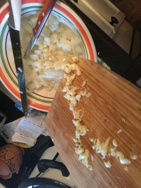 adding garlic and onions in bowl