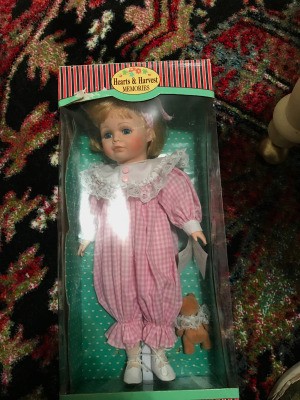 Value of a Hearts and Harvest Memories Doll  - doll in pink and white jumpsuit in a box