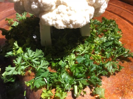Cauliflower Sheep Centerpiece - sprinkle the parsley on a serving platter and stand the sheep up in it