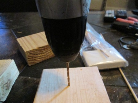 Making Accordion Christmas Trees - pre-drill holes in blocks for the skewers