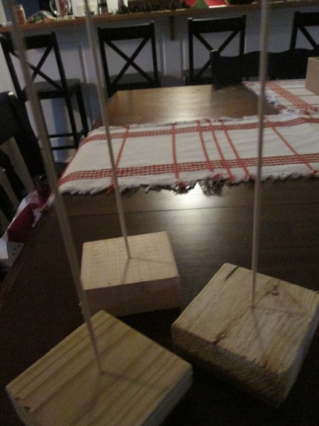 Making Accordion Christmas Trees - blocks and skewers for three trees