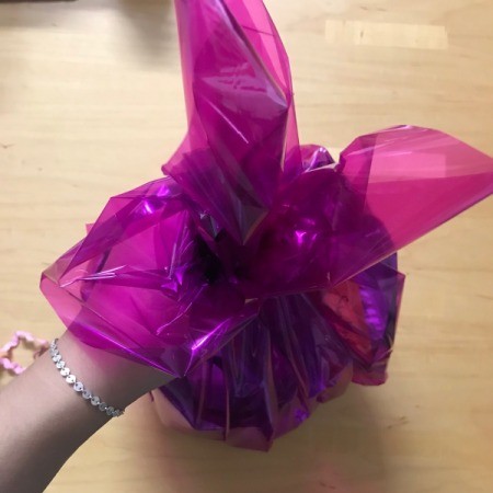 Magazine Bowl Gift Basket - pull cellophane up and tie shut