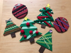Christmas Decorations from Cardboard - three trees and two red ball ornaments