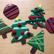 Christmas Decorations from Cardboard - three trees and two red ball ornaments