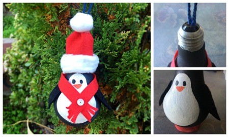 Painted recycled incandescent bulb penguin ornament.