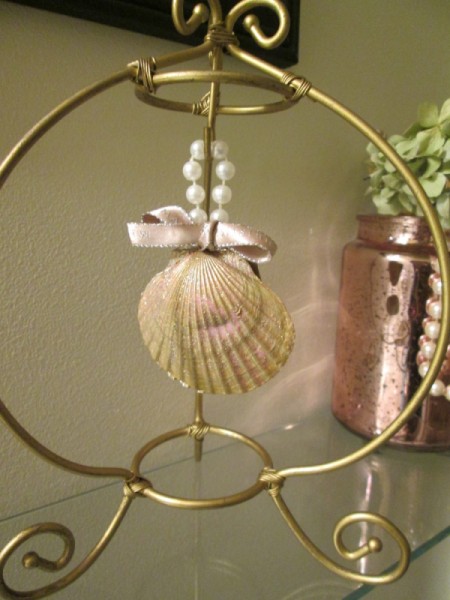 Shabby Chic Shell Ornaments - finished ornament hanging in a display stand