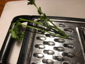 Herbs being pulled through a grater to separate the leaves from the stem.