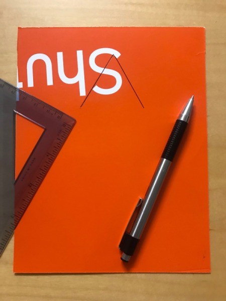 Recycled Christmas Card - other side of the white piece of cardboard, beginning to draw a tree