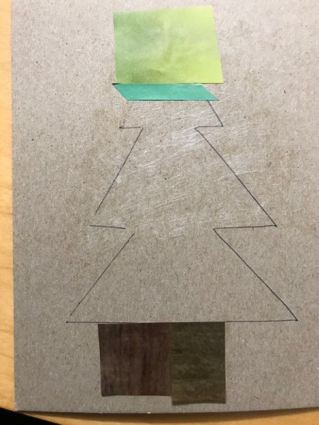 Recycled Christmas Card - trunk covered and starting at the top of the tree