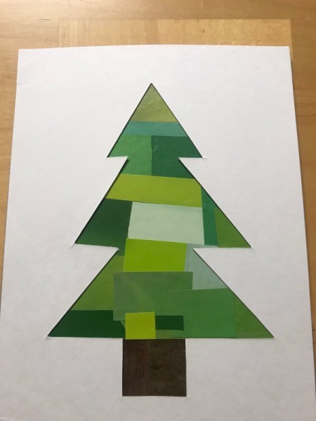 Recycled Christmas Card - white side of template up and tree created