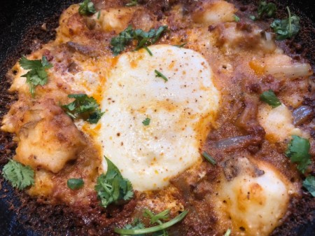cooking egg in Chorizo Potato  Skillet