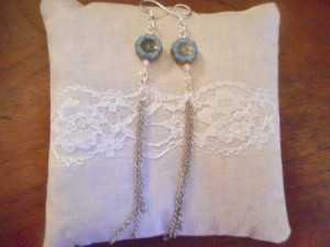 Broken Chain Earrings - new earrings from old chain and beads on a small white lace pillow