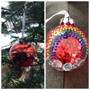 Toddler Safe Christmas Ornaments - ornament with pom poms and one with gem stickers