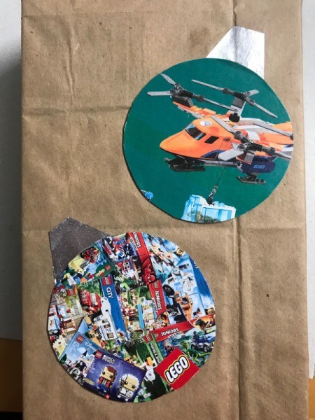 Wrapping Paper Ornaments - glue down the ornaments and then add the foil piece